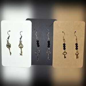 3 pairs onyx key earrings drop silvertone goldtone and antique look